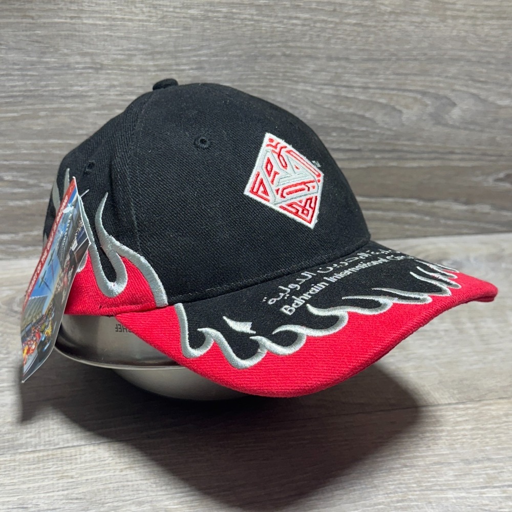Bahrain International Circuit Hat Black Red Flames Embroidered Logo Racing Cap